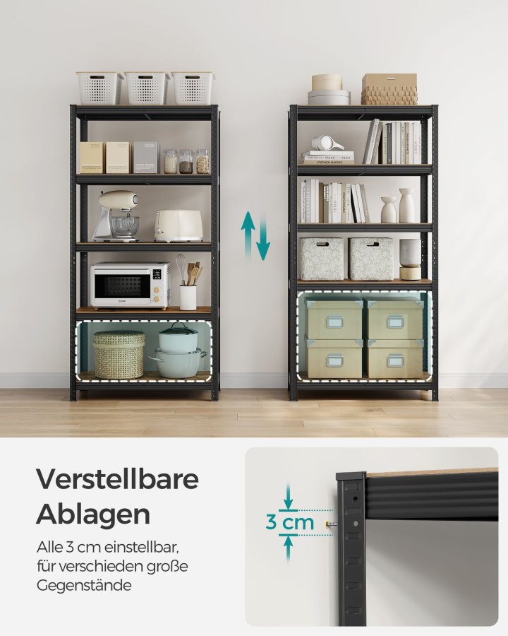 SONGMICS reol, 40 x 90 x 180 cm, 875 kg lasteevne (175 kg pr. hylde), industriel, justerbare opbevaringshylder, til stue, k�kken, garage, rustik brun og sort GLR040B11