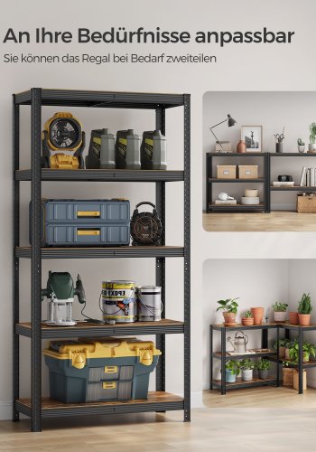 SONGMICS reol, 40 x 90 x 180 cm, 875 kg lasteevne (175 kg pr. hylde), industriel, justerbare opbevaringshylder, til stue, k�kken, garage, rustik brun og sort GLR040B11