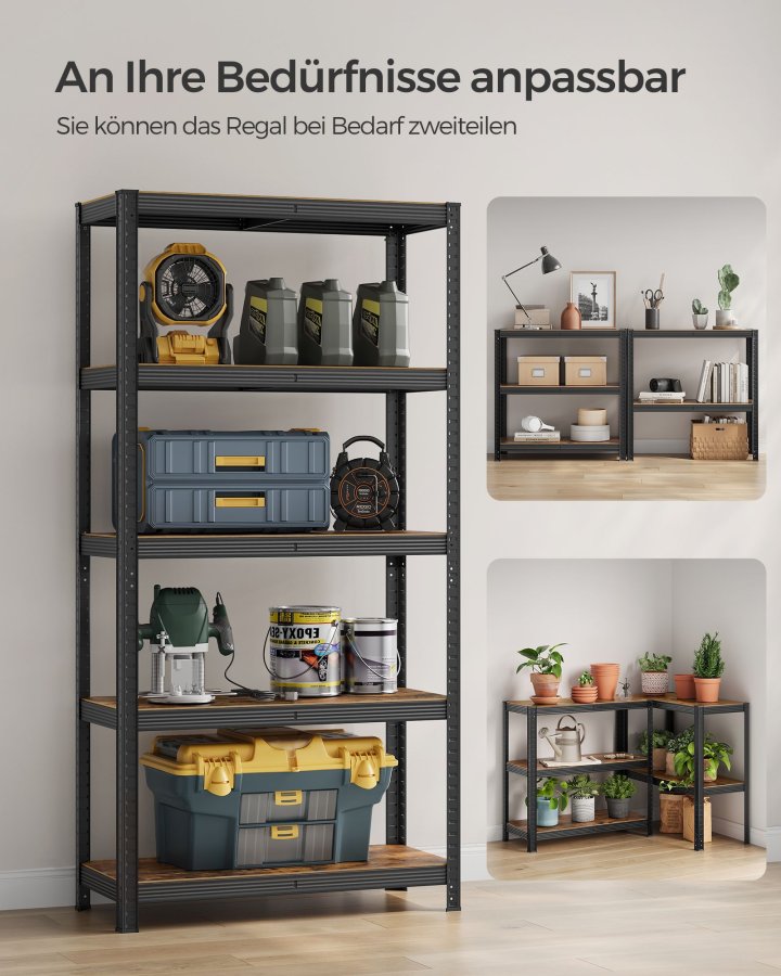 SONGMICS reol, 40 x 90 x 180 cm, 875 kg lasteevne (175 kg pr. hylde), industriel, justerbare opbevaringshylder, til stue, k�kken, garage, rustik brun og sort GLR040B11