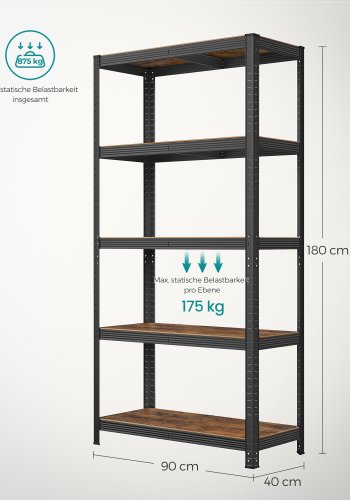 SONGMICS reol, 40 x 90 x 180 cm, 875 kg lasteevne (175 kg pr. hylde), industriel, justerbare opbevaringshylder, til stue, k�kken, garage, rustik brun og sort GLR040B11