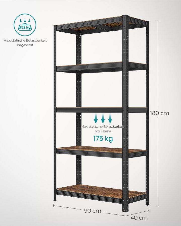 SONGMICS reol, 40 x 90 x 180 cm, 875 kg lasteevne (175 kg pr. hylde), industriel, justerbare opbevaringshylder, til stue, k�kken, garage, rustik brun og sort GLR040B11