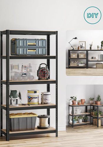 SONGMICS GLR042B01 reol til redskabsrum, m. 5 hylder - natur MDF og sort st�l (H:180) (s�t med 2)