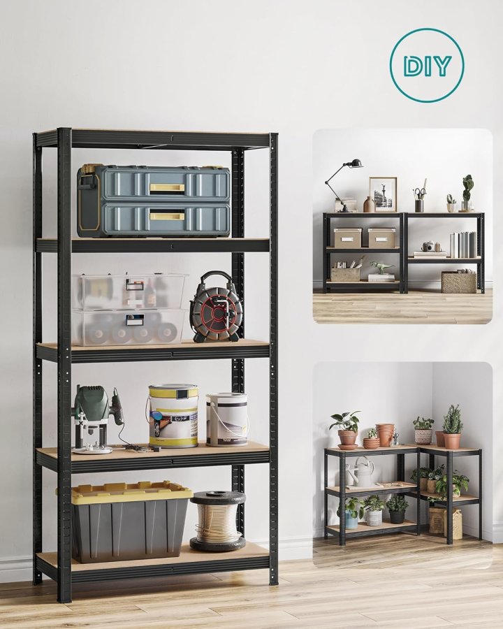 SONGMICS 5-etagers kraftige reoler, s�t med 2 st�lreoler til opbevaring, boltl�s montering, til garage, skur, lasteevne 740 kg pr. stk., 41 x 89 x 190 cm, sort GLR042B01
