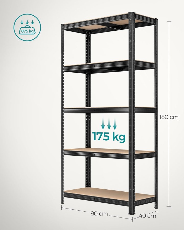 SONGMICS 5-etagers kraftige reoler, s�t med 2 st�lreoler til opbevaring, boltl�s montering, til garage, skur, lasteevne 740 kg pr. stk., 41 x 89 x 190 cm, sort GLR042B01
