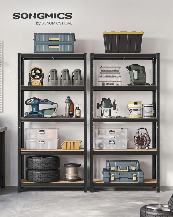 SONGMICS 5-etagers kraftige reoler, s�t med 2 st�lreoler til opbevaring, boltl�s montering, til garage, skur, lasteevne 740 kg pr. stk., 41 x 89 x 190 cm, sort GLR042B01