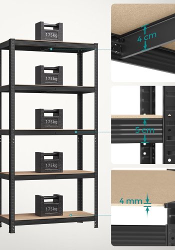 SONGMICS 5-etagers kraftige reoler, s�t med 2 st�lreoler til opbevaring, boltl�s montering, til garage, skur, lasteevne 740 kg pr. stk., 41 x 89 x 190 cm, sort GLR042B01