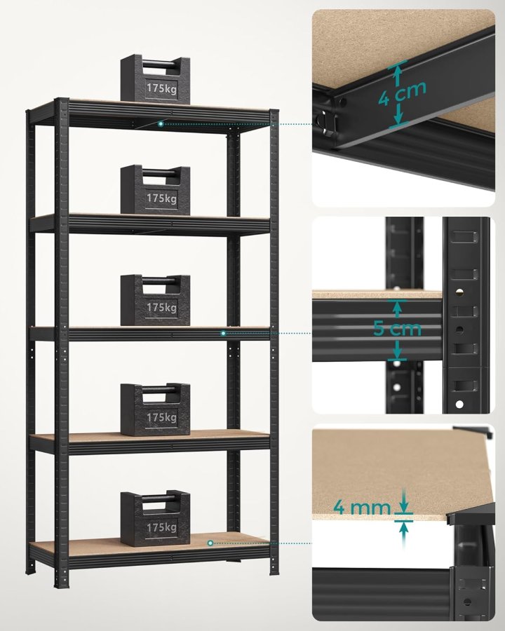 SONGMICS 5-etagers kraftige reoler, s�t med 2 st�lreoler til opbevaring, boltl�s montering, til garage, skur, lasteevne 740 kg pr. stk., 41 x 89 x 190 cm, sort GLR042B01