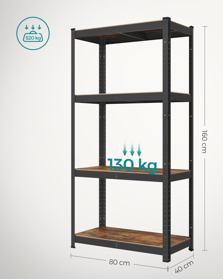 SONGMICS reol, 40 x 80 x 160 cm, 520 kg lasteevne (130 kg pr. hylde), industriel, justerbare opbevaringshylder, til stue, k�kken, garage, rustik brun og sort GLR044B11