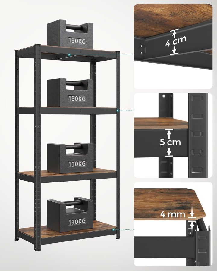 SONGMICS reol, 40 x 80 x 160 cm, 520 kg lasteevne (130 kg pr. hylde), industriel, justerbare opbevaringshylder, til stue, k�kken, garage, rustik brun og sort GLR044B11