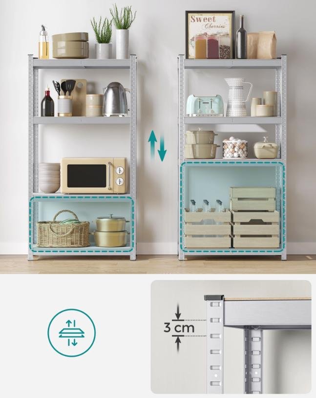 S�t med 2 st�lhylder og MDF-plader med mulighed for opdeling, h�jdejustering hver 3 cm, forst�rkninger og beskyttende benbetr�k