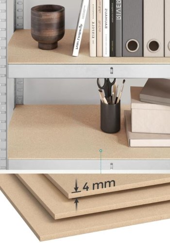 S�t med 2 st�lhylder og MDF-plader med mulighed for opdeling, h�jdejustering hver 3 cm, forst�rkninger og beskyttende benbetr�k