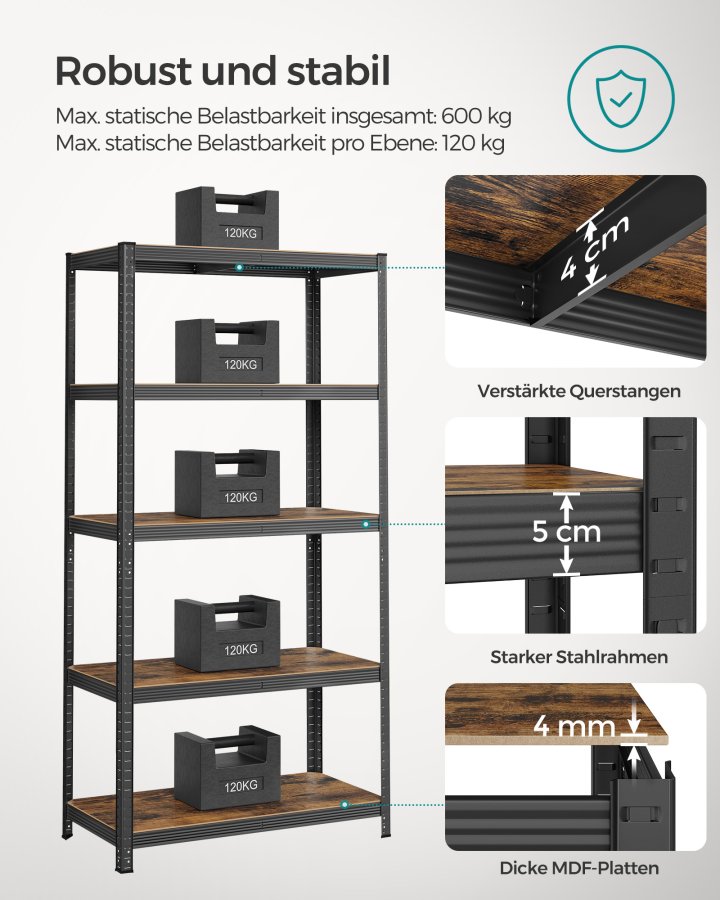 SONGMICS reol, 50 x 100 x 200 cm, 875 kg lasteevne (175 kg pr. hylde), industriel, justerbare opbevaringshylder, til stue, k�kken, garage, rustik brun og sort GLR050B11