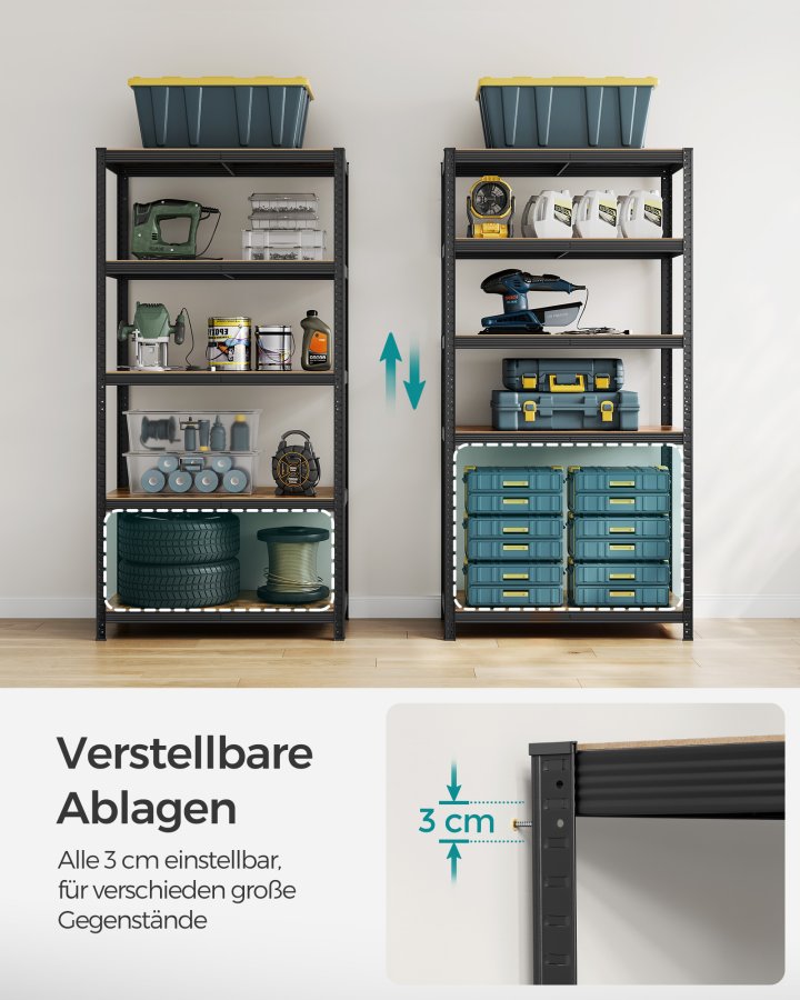 SONGMICS reol, 50 x 100 x 200 cm, 875 kg lasteevne (175 kg pr. hylde), industriel, justerbare opbevaringshylder, til stue, k�kken, garage, rustik brun og sort GLR050B11