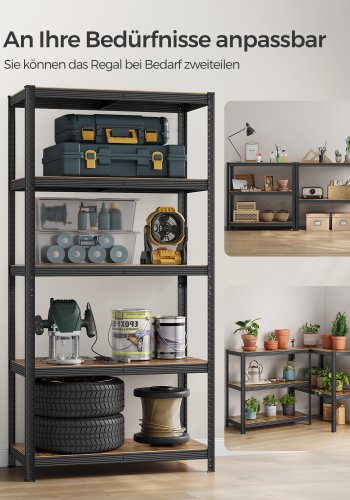 SONGMICS reol, 50 x 100 x 200 cm, 875 kg lasteevne (175 kg pr. hylde), industriel, justerbare opbevaringshylder, til stue, k�kken, garage, rustik brun og sort GLR050B11