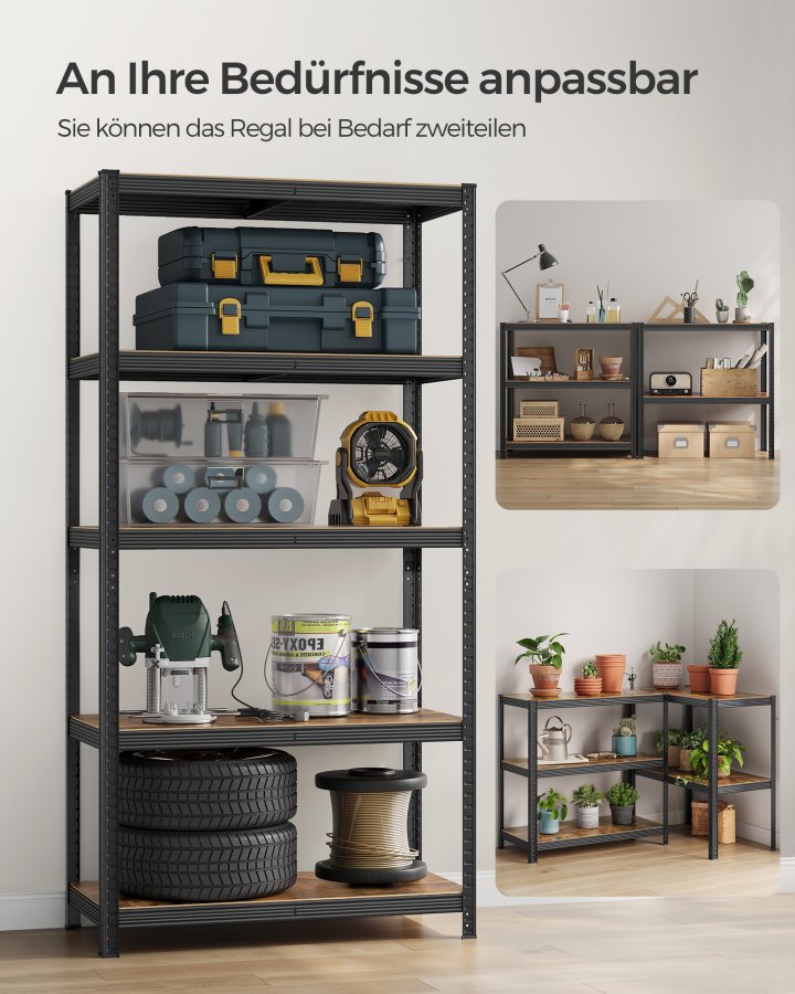SONGMICS reol, 50 x 100 x 200 cm, 875 kg lasteevne (175 kg pr. hylde), industriel, justerbare opbevaringshylder, til stue, k�kken, garage, rustik brun og sort GLR050B11