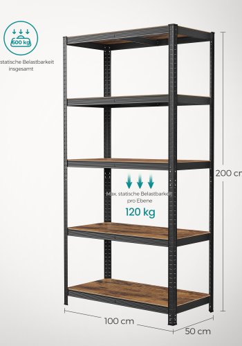 SONGMICS reol, 50 x 100 x 200 cm, 875 kg lasteevne (175 kg pr. hylde), industriel, justerbare opbevaringshylder, til stue, k�kken, garage, rustik brun og sort GLR050B11