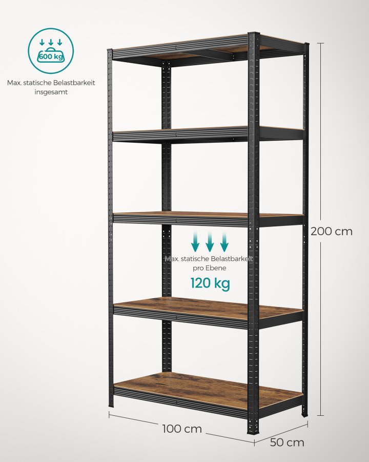 SONGMICS reol, 50 x 100 x 200 cm, 875 kg lasteevne (175 kg pr. hylde), industriel, justerbare opbevaringshylder, til stue, k�kken, garage, rustik brun og sort GLR050B11