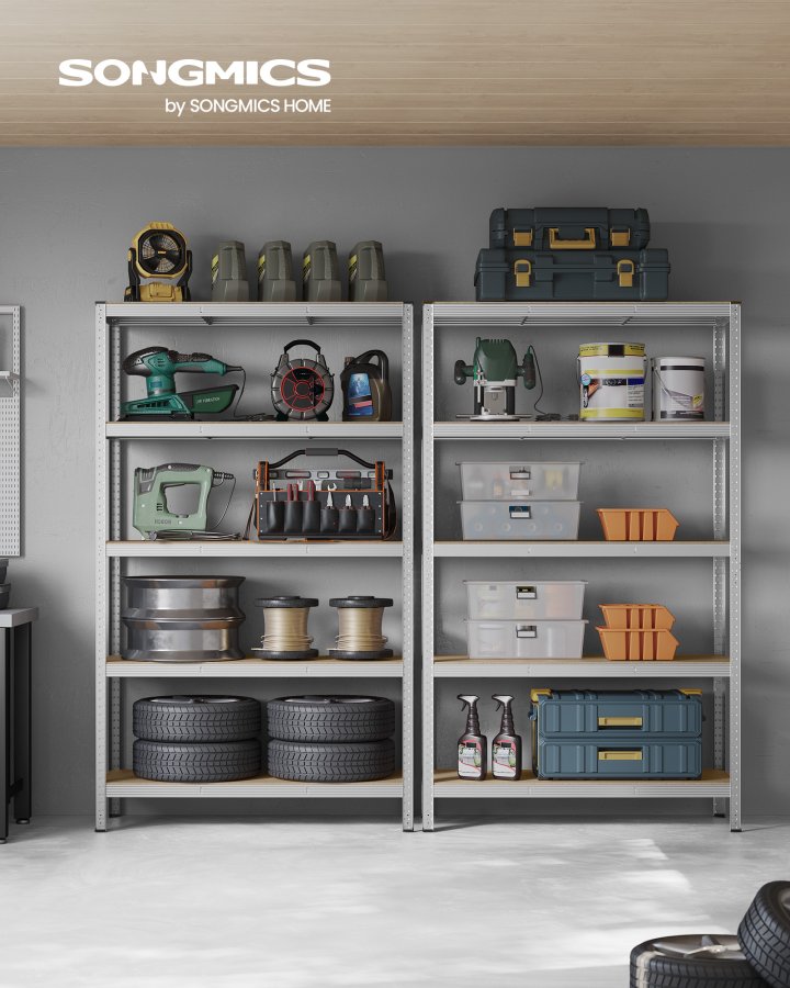 SONGMICS 5-etagers reol, st�lreol til opbevaring, v�rkt�jsfri montering, til garage, skur, lasteevne 875 kg, 60 x 120 x 200 cm, s�lv GLR060E01
