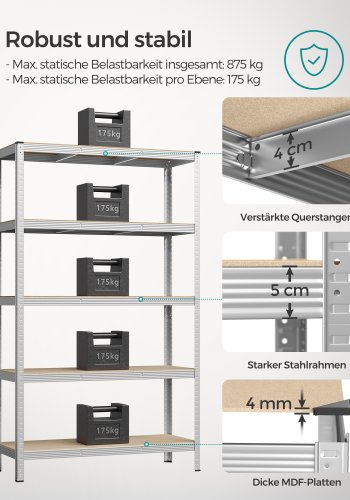 SONGMICS GLR060E01 reol til redskabsrum, m. 5 hylder - natur MDF og s�lv st�l (H:200)