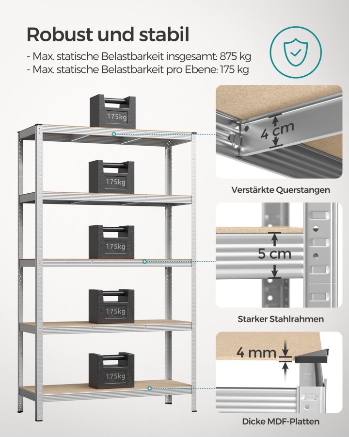 SONGMICS 5-etagers reol, st�lreol til opbevaring, v�rkt�jsfri montering, til garage, skur, lasteevne 875 kg, 60 x 120 x 200 cm, s�lv GLR060E01