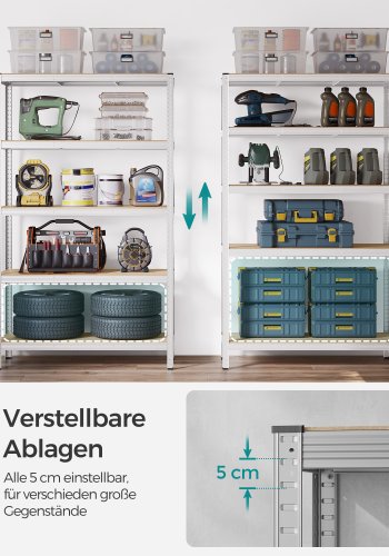 SONGMICS 5-etagers reol, st�lreol til opbevaring, v�rkt�jsfri montering, til garage, skur, lasteevne 875 kg, 60 x 120 x 200 cm, s�lv GLR060E01