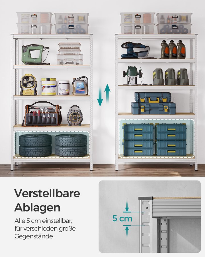 SONGMICS 5-etagers reol, st�lreol til opbevaring, v�rkt�jsfri montering, til garage, skur, lasteevne 875 kg, 60 x 120 x 200 cm, s�lv GLR060E01