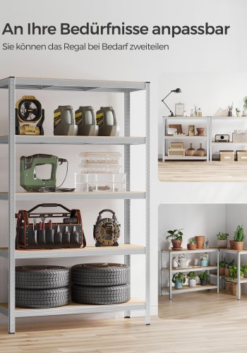 SONGMICS 5-etagers reol, st�lreol til opbevaring, v�rkt�jsfri montering, til garage, skur, lasteevne 875 kg, 60 x 120 x 200 cm, s�lv GLR060E01