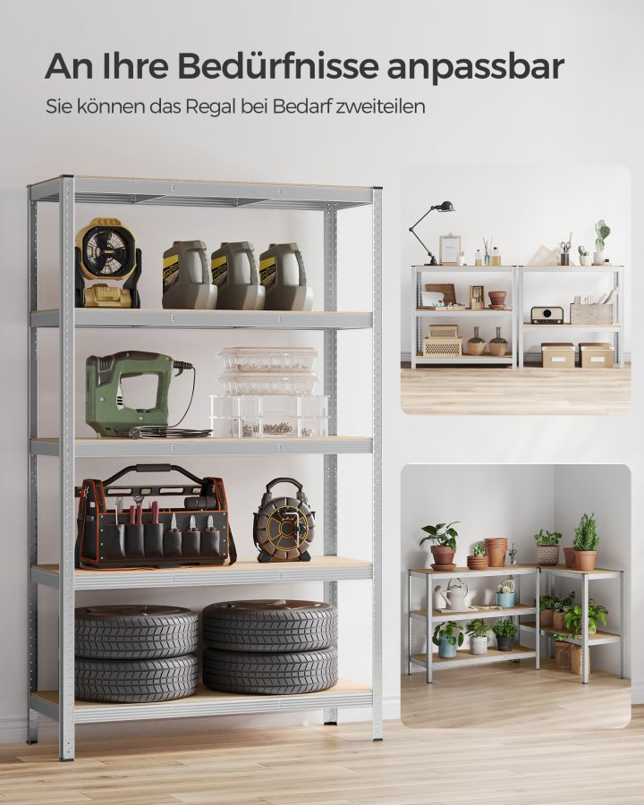 SONGMICS 5-etagers reol, st�lreol til opbevaring, v�rkt�jsfri montering, til garage, skur, lasteevne 875 kg, 60 x 120 x 200 cm, s�lv GLR060E01