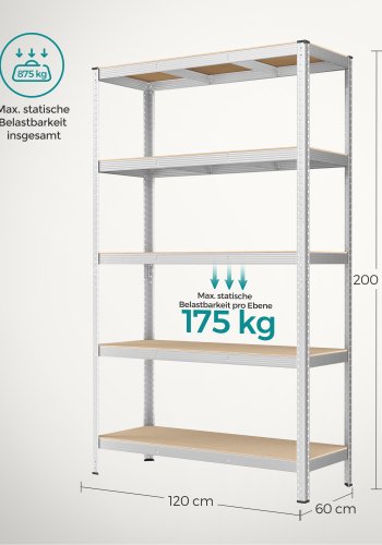 SONGMICS 5-etagers reol, st�lreol til opbevaring, v�rkt�jsfri montering, til garage, skur, lasteevne 875 kg, 60 x 120 x 200 cm, s�lv GLR060E01