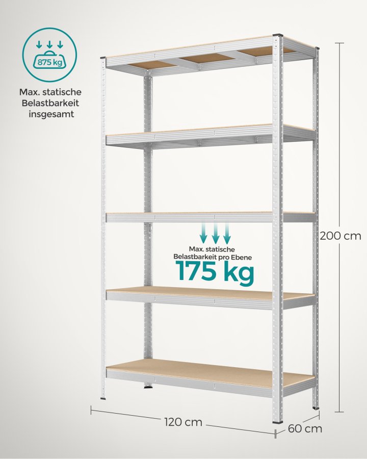 SONGMICS 5-etagers reol, st�lreol til opbevaring, v�rkt�jsfri montering, til garage, skur, lasteevne 875 kg, 60 x 120 x 200 cm, s�lv GLR060E01