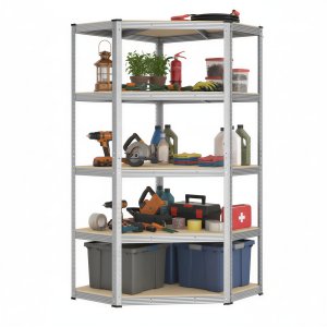 SONGMICS GLR080E01 Hj�rnereol 5 niveauer, kraftig hylde, metal, opbevaringshylde til garage, opbevaringsrum, k�lderhylde, s�t med 1 (180 x 70 x 40 x 43 cm, maksimal belastning 875 kg, s�lv/naturbeige)