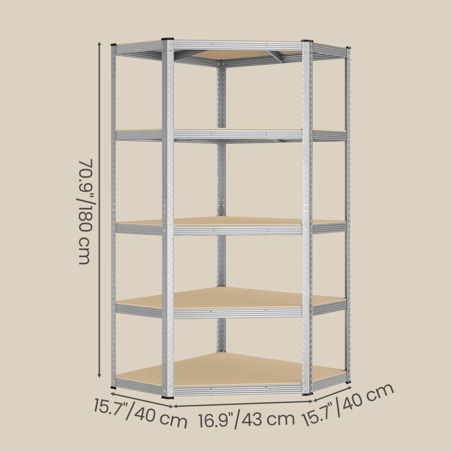 SONGMICS GLR080E01 Hj�rnereol 5 niveauer, kraftig hylde, metal, opbevaringshylde til garage, opbevaringsrum, k�lderhylde, s�t med 1 (180 x 70 x 40 x 43 cm, maksimal belastning 875 kg, s�lv/naturbeige)