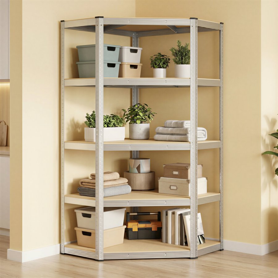 SONGMICS GLR080E01 Hj�rnereol 5 niveauer, kraftig hylde, metal, opbevaringshylde til garage, opbevaringsrum, k�lderhylde, s�t med 1 (180 x 70 x 40 x 43 cm, maksimal belastning 875 kg, s�lv/naturbeige)