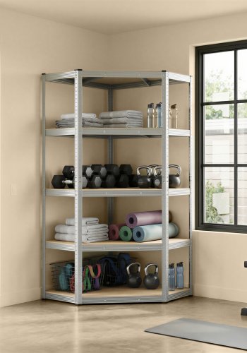 SONGMICS GLR080E01 Hj�rnereol 5 niveauer, kraftig hylde, metal, opbevaringshylde til garage, opbevaringsrum, k�lderhylde, s�t med 1 (180 x 70 x 40 x 43 cm, maksimal belastning 875 kg, s�lv/naturbeige)