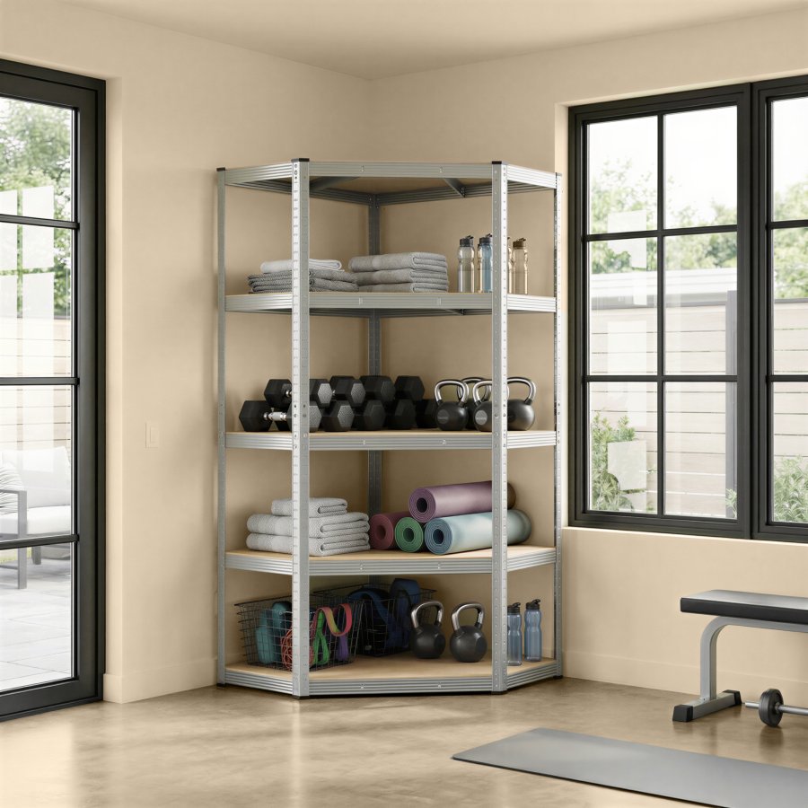 SONGMICS GLR080E01 Hj�rnereol 5 niveauer, kraftig hylde, metal, opbevaringshylde til garage, opbevaringsrum, k�lderhylde, s�t med 1 (180 x 70 x 40 x 43 cm, maksimal belastning 875 kg, s�lv/naturbeige)