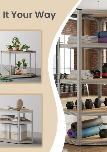 SONGMICS GLR080E01 Hj�rnereol 5 niveauer, kraftig hylde, metal, opbevaringshylde til garage, opbevaringsrum, k�lderhylde, s�t med 1 (180 x 70 x 40 x 43 cm, maksimal belastning 875 kg, s�lv/naturbeige)