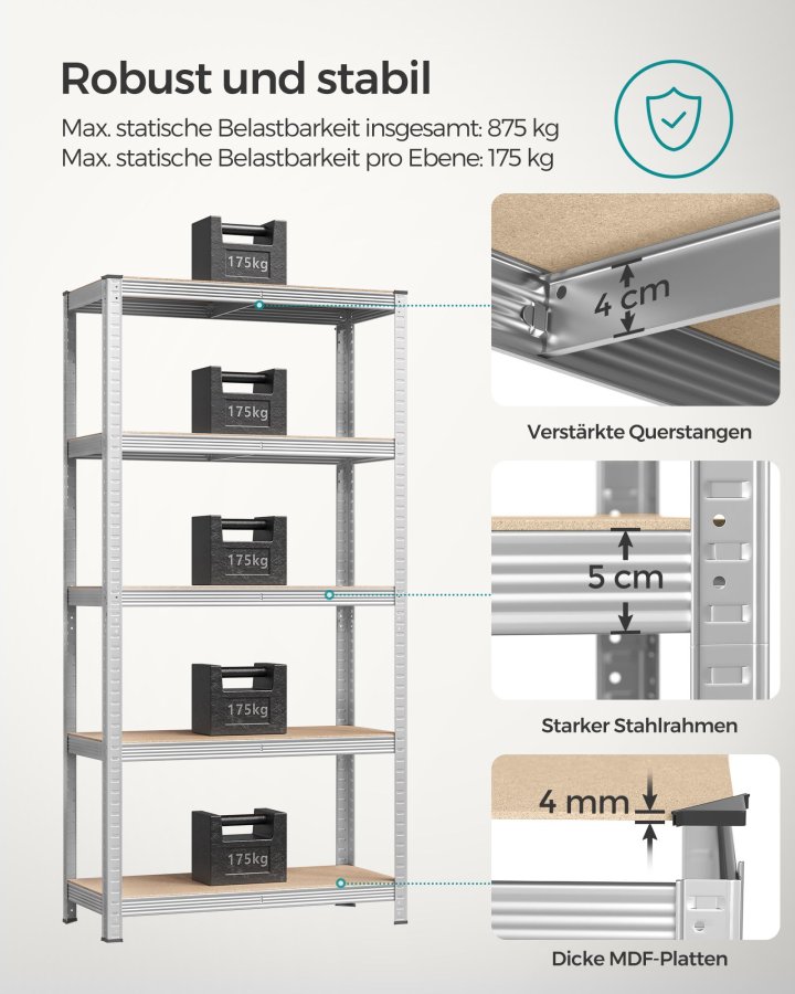SONGMICS 5-etagers reol, st�lreol til opbevaring, v�rkt�jsfri montering, til garage, skur, lasteevne 875 kg, 40 x 90 x 180 cm, s�lv GLR40SV
