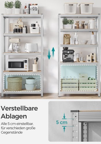 SONGMICS 5-etagers reol, st�lreol til opbevaring, v�rkt�jsfri montering, til garage, skur, lasteevne 875 kg, 40 x 90 x 180 cm, s�lv GLR40SV