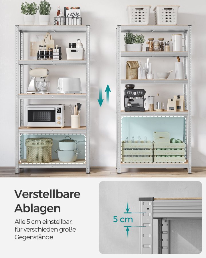 SONGMICS 5-etagers reol, st�lreol til opbevaring, v�rkt�jsfri montering, til garage, skur, lasteevne 875 kg, 40 x 90 x 180 cm, s�lv GLR40SV