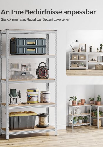 SONGMICS 5-etagers reol, st�lreol til opbevaring, v�rkt�jsfri montering, til garage, skur, lasteevne 875 kg, 40 x 90 x 180 cm, s�lv GLR40SV