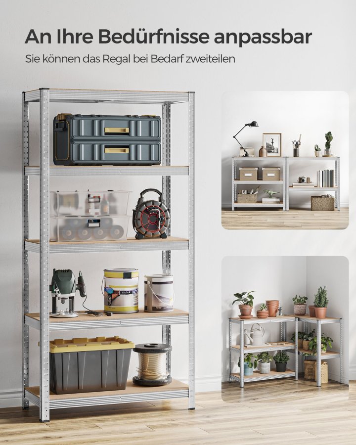 SONGMICS 5-etagers reol, st�lreol til opbevaring, v�rkt�jsfri montering, til garage, skur, lasteevne 875 kg, 40 x 90 x 180 cm, s�lv GLR40SV