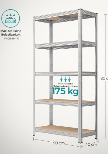 SONGMICS 5-etagers reol, st�lreol til opbevaring, v�rkt�jsfri montering, til garage, skur, lasteevne 875 kg, 40 x 90 x 180 cm, s�lv GLR40SV