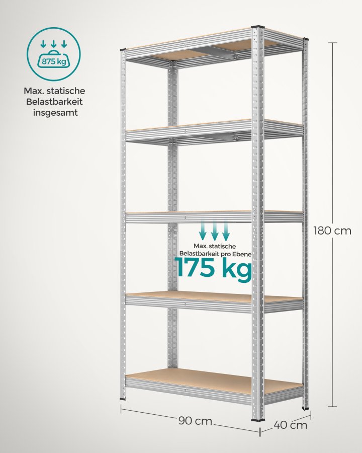 SONGMICS 5-etagers reol, st�lreol til opbevaring, v�rkt�jsfri montering, til garage, skur, lasteevne 875 kg, 40 x 90 x 180 cm, s�lv GLR40SV