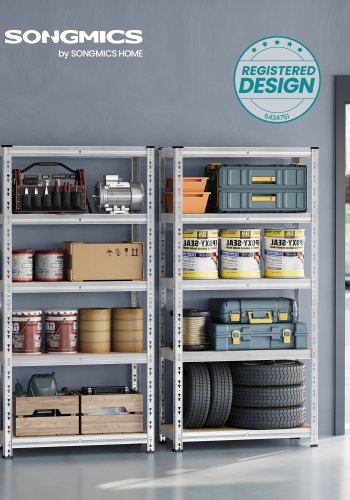 SONGMICS GLR455E01 reol til redskabsrum, m. 5 hylder - natur MDF og s�lv st�l (s�t med 2)