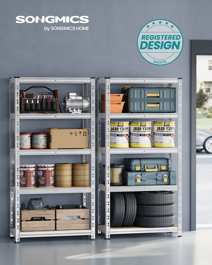 SONGMICS Robuste Opbevaringsreoler, S�t med 2, Garagereol, 40 x 90 x 180 cm, Underst�tter op til 875 kg, Nem Montering, Opbevaringsreol, Justerbare Hylder, S�lv GLR455E01
