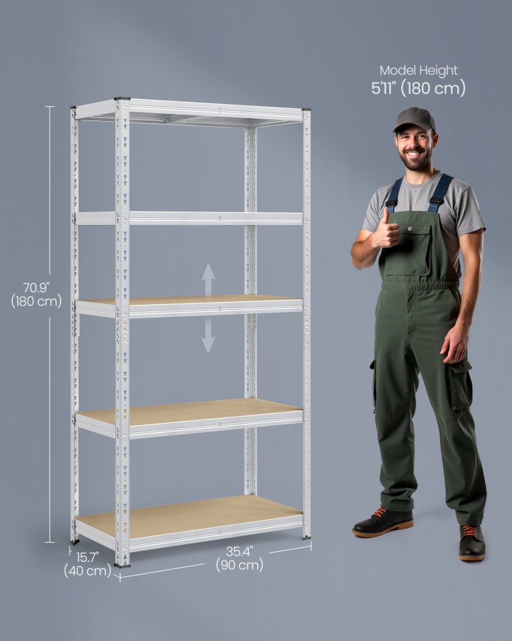 SONGMICS Robuste Opbevaringsreoler, S�t med 2, Garagereol, 40 x 90 x 180 cm, Underst�tter op til 875 kg, Nem Montering, Opbevaringsreol, Justerbare Hylder, S�lv GLR455E01