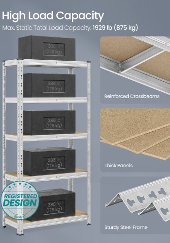 SONGMICS Robuste Opbevaringsreoler, S�t med 2, Garagereol, 40 x 90 x 180 cm, Underst�tter op til 875 kg, Nem Montering, Opbevaringsreol, Justerbare Hylder, S�lv GLR455E01