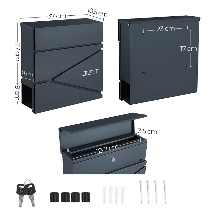SONGMICS GMB051G02 v�gmonteret postkasse, l�sbar - antracitgr� st�l GMB051G02