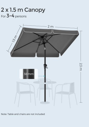 SONGMICS 2 x 1,5 m terrasseparasoll, rektangul�r hageparasoll, UPF 50+, 30&deg; vipp i 2 retninger, for hage, terrasse, base ikke inkludert, gr� GPU048G01