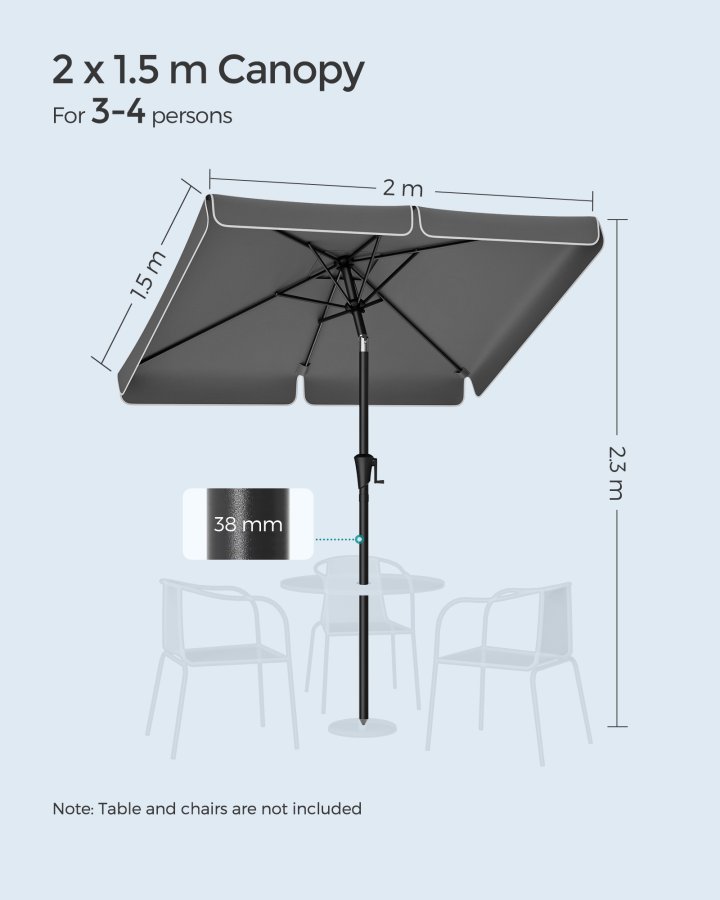 SONGMICS 2 x 1,5 m terrasseparasoll, rektangul�r hageparasoll, UPF 50+, 30&deg; vipp i 2 retninger, for hage, terrasse, base ikke inkludert, gr� GPU048G01